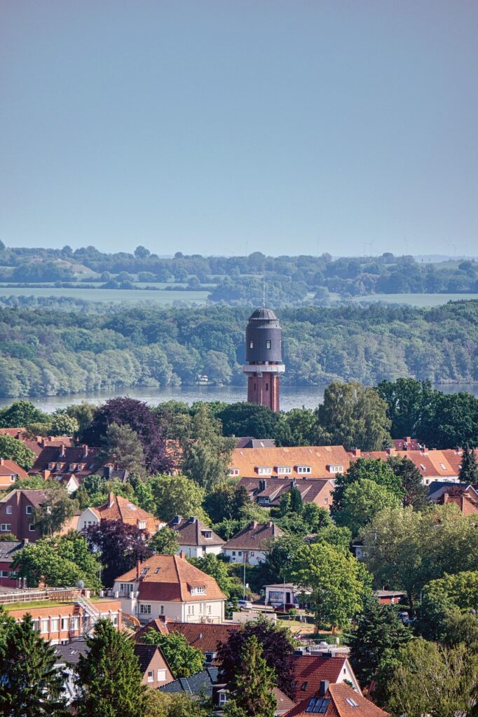water tower, nature, tower, mecklenburg, plön, town, buildings, roofs, trees, scenery, germany