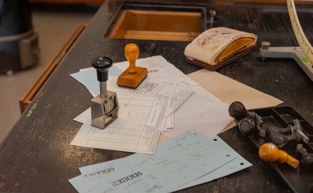 pexels photo 18687845 18687845 Cluttered desk with office stamps on top of various documents in an office setting.