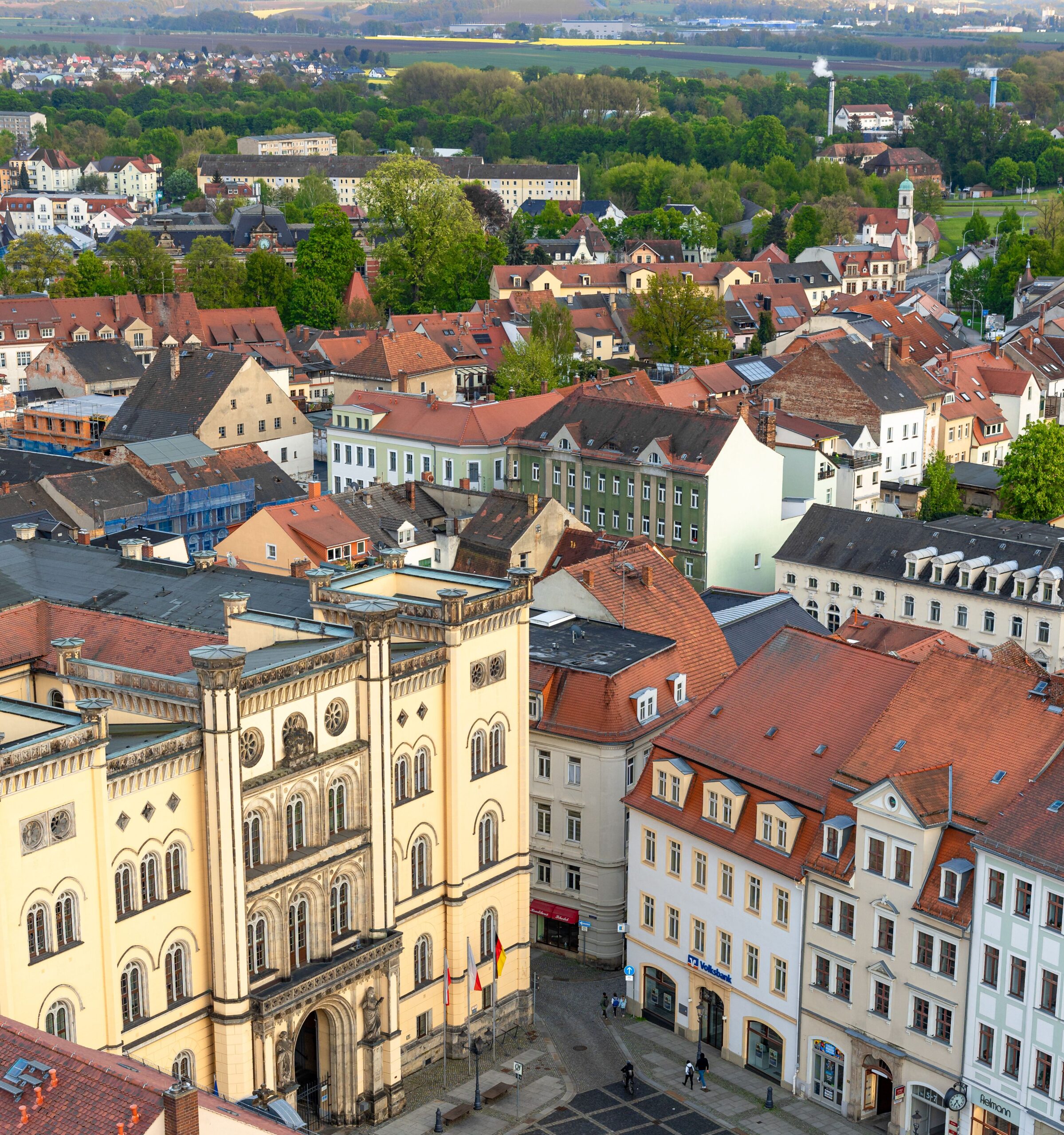 Aerial image capturing the charming historic architecture of Zittau, Saxony, Germany.