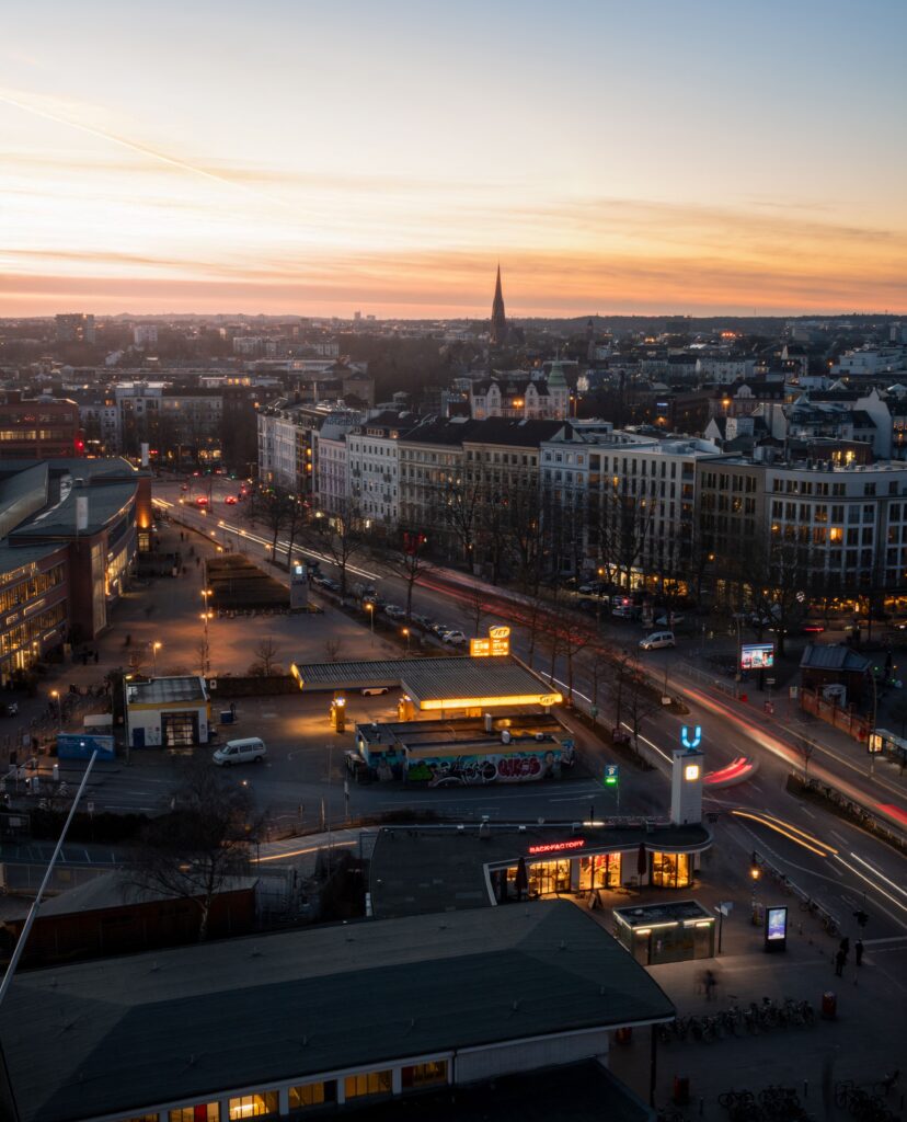 pexels photo 31947437 31947437 Stunning aerial capture of Hamburg's urban landscape during a colorful sunset.