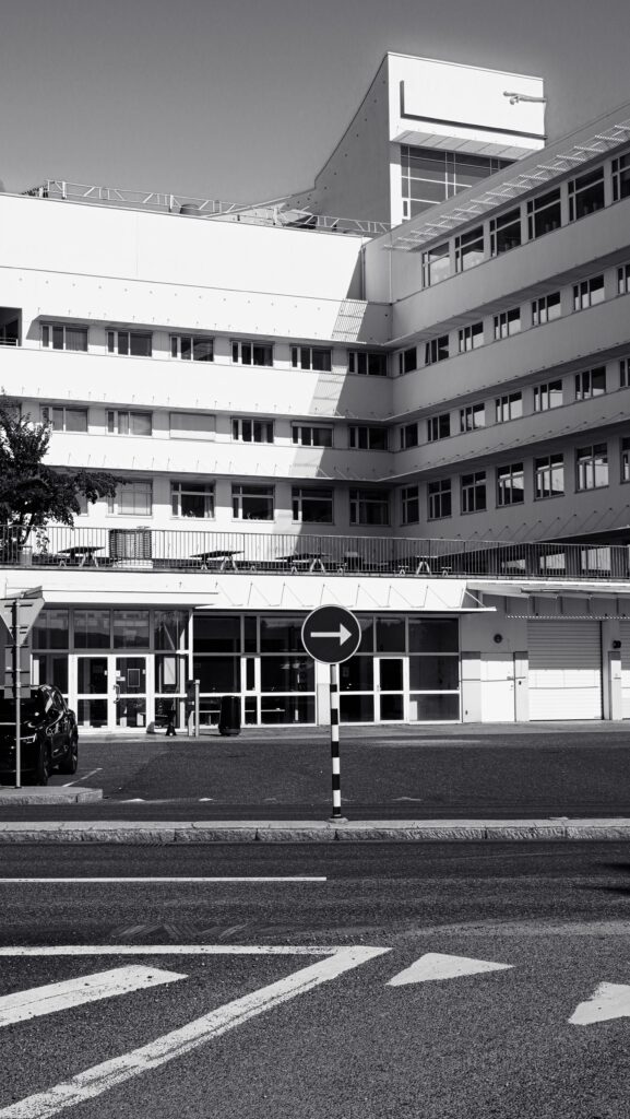 pexels photo 33722164 33722164 Black and white image of a modern building facade in Jönköping, Sweden.
