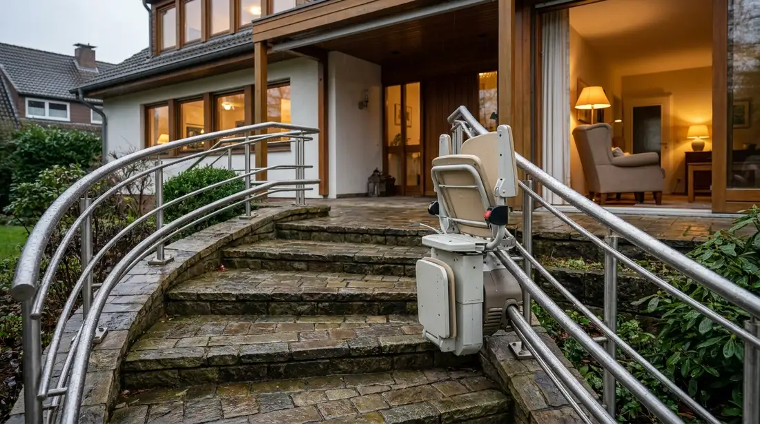 Außen-Treppenlifte für Wendeltreppen in Hannover Wetterfester Treppenlift an einer Außentreppe mit Wendelverlauf vor einem Wohnhaus in Hannover