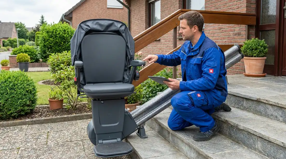 Wetterfester Treppenlift an einer Außentreppe eines Einfamilienhauses