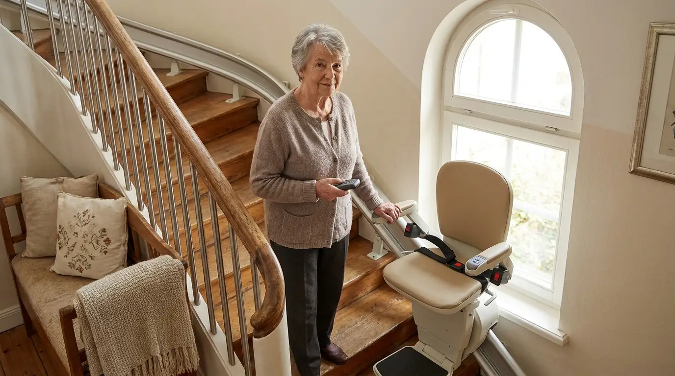 Die richtige Fernbedienung für Treppenlifte in Wiesbaden Seniorin nutzt eine einfache Treppenlift-Fernbedienung in einem hellen Wiesbadener Altbau