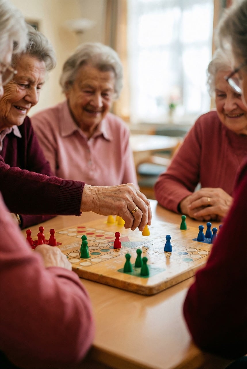 Treppenlift Pflegegrad – Hilfe für Familien Essen board, game, seniors, women, friendship, community, leisure, activity, social, retirement, fun, strategy, playing, hobby, elderly, interaction, home, entertainment, pieces, togetherness, ai generated