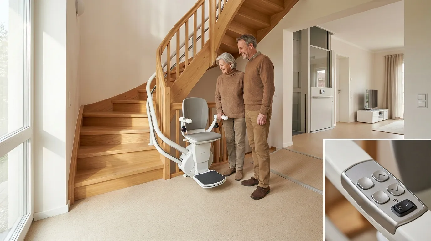 Seniorin mit Angehörigem vor einer modernisierten Treppe mit Treppenlift in hellem Einfamilienhaus, natürliche Tageslichtszene, barrierefreier Umbau mit Handlauf, breitem Flur und wohnlicher Atmosphäre, realistische Materialien, kein Text, no text