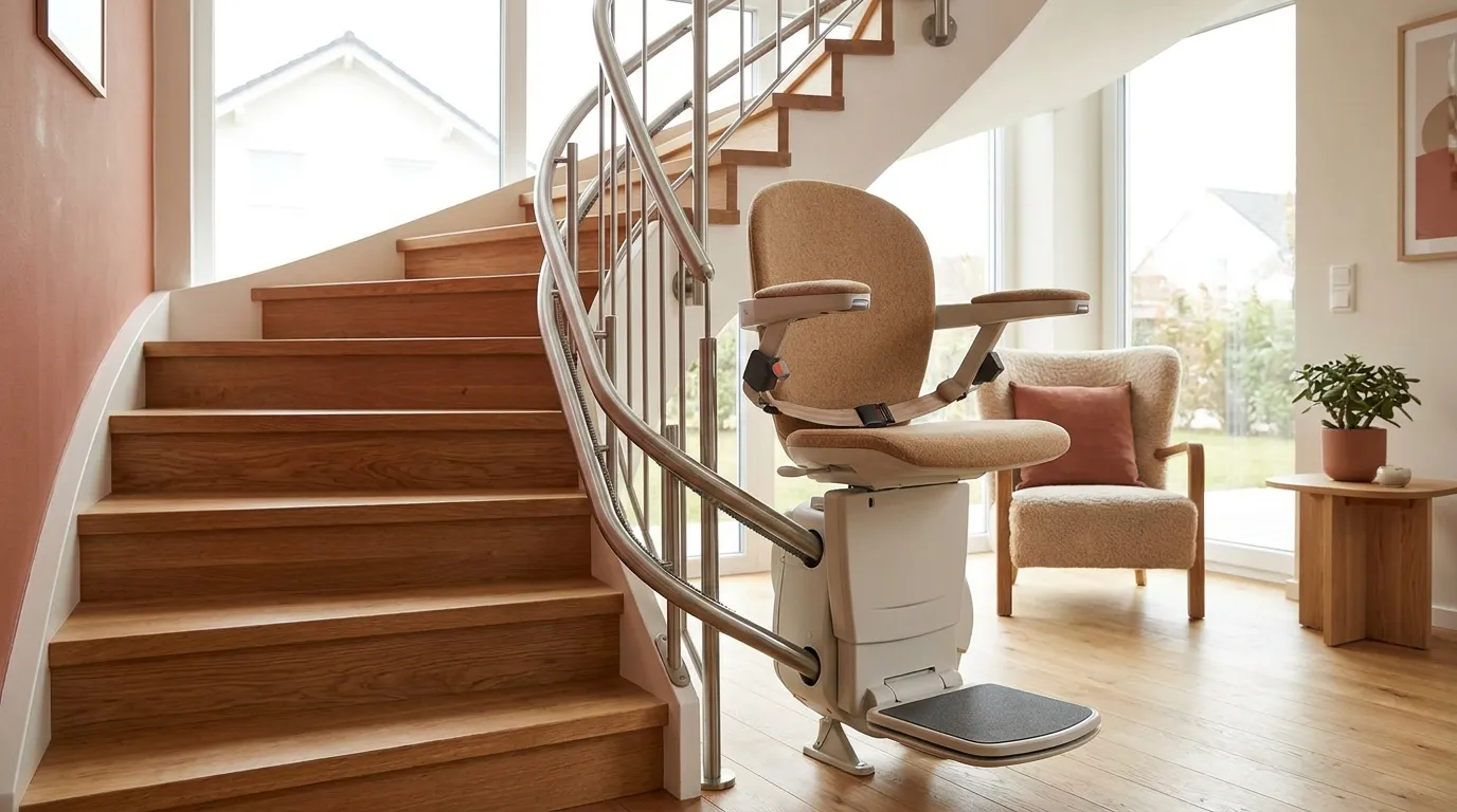 Moderne Treppenlift-Technologie 2026: Ausstattung und Sicherheitstrends Moderner Treppenlift in einem hellen Wohnhaus