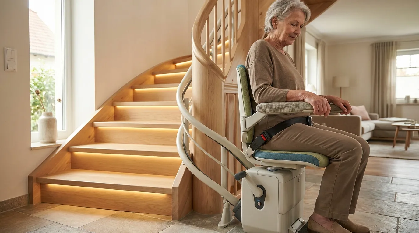 Notabsenkung Treppenlift: So funktioniert sie Seniorin auf einem modernen Treppenlift während einer sicheren Notfahrt bei Stromausfall, gut beleuchtetes Wohnhaus mit Holztreppe, sichtbare Armlehne und Sicherheitsgurt, ruhige häusliche Atmosphäre, natürliche Farben, realistische Texturen, kein Text