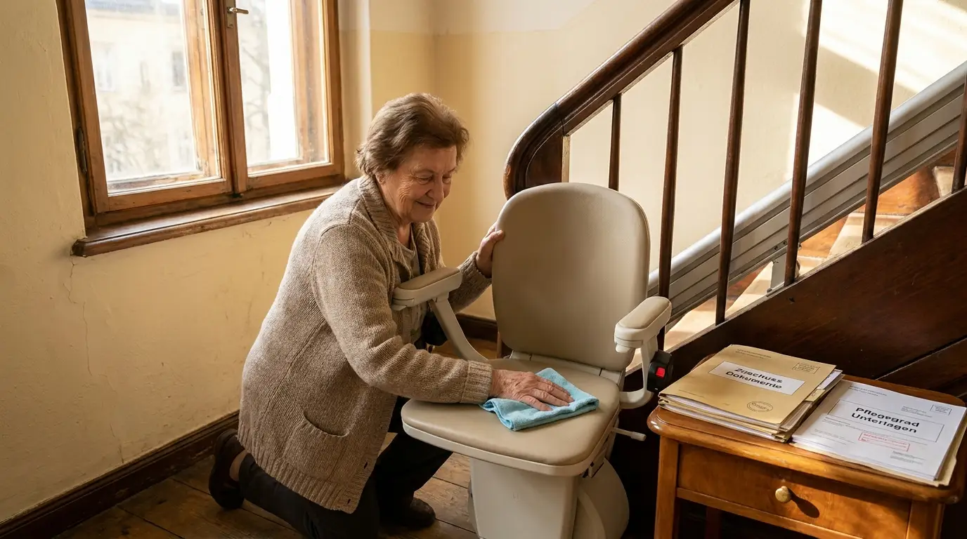 Reinigung und Pflege eines Treppenlifts in Dresden Seniorin reinigt vorsichtig einen Treppenlift in einem hellen Dresdner Altbau
