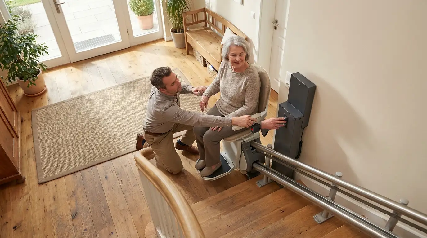 Treppenlift Akku: Wie oft wechseln? Seniorin prüft mit Angehörigem einen Treppenlift im Flur