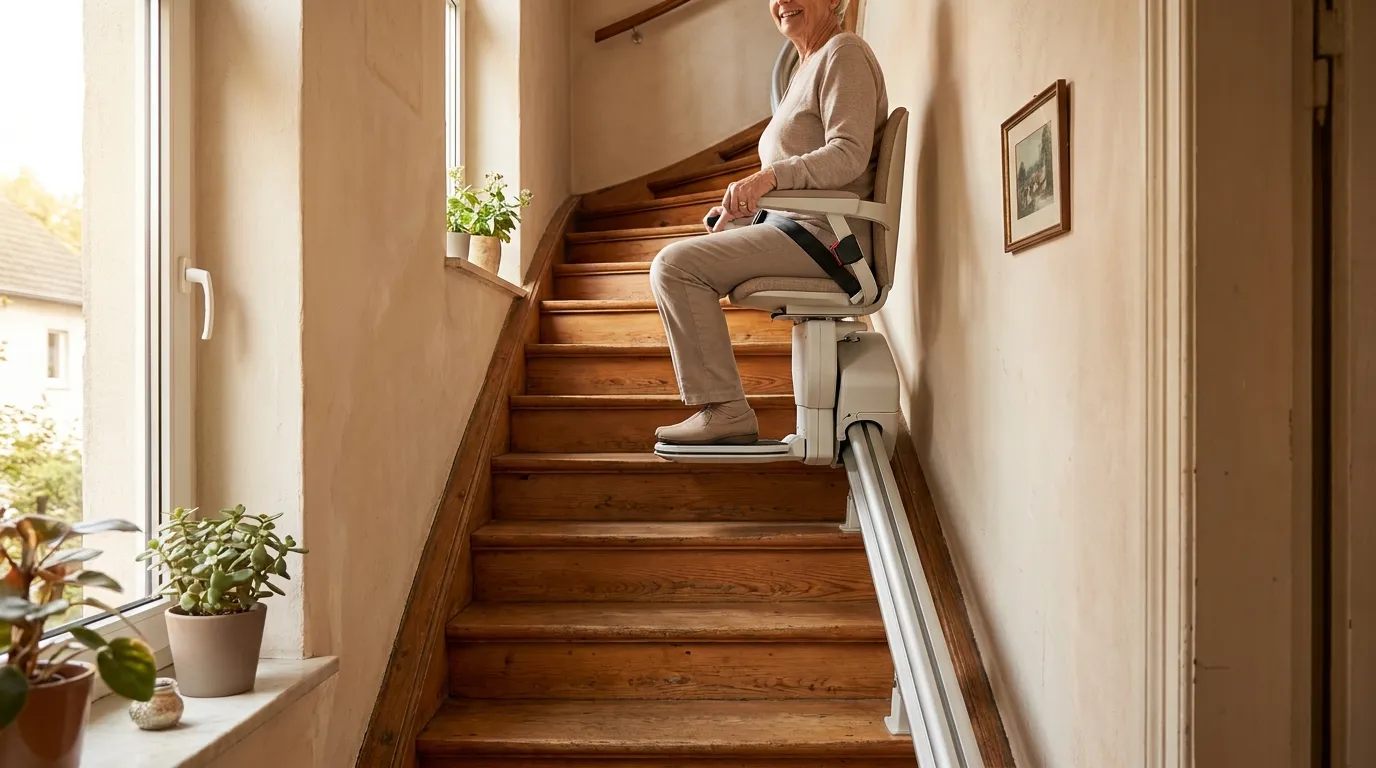 Treppenlift an steilen Treppen Wuppertal – Welche Systeme eignen sich? Sitzlift an einer steilen Innentreppe in einem älteren Wohnhaus mit schmalem Treppenhaus, helle Tageslichtstimmung, gefalteter Sitz, sichtbare Schiene entlang der Stufen, realistische Materialien aus Holz, Metall und Putz, kein Text