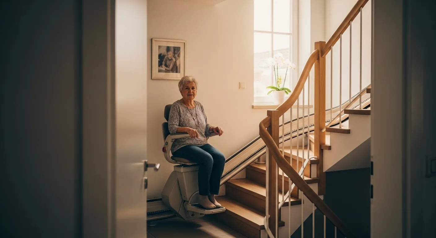 Treppenlift bei Gleichgewichtsstörungen Gelsenkirchen – Mehr Sicherheit Seniorin nutzt sicher einen Treppenlift im Einfamilienhaus in Gelsenkirchen