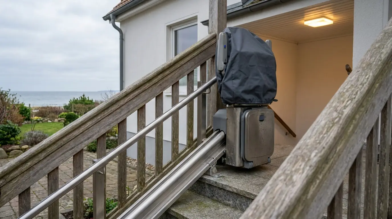 Treppenlift für Außenbereich an der Ostsee Wetterfester Treppenlift an einem Hauseingang an der Ostsee