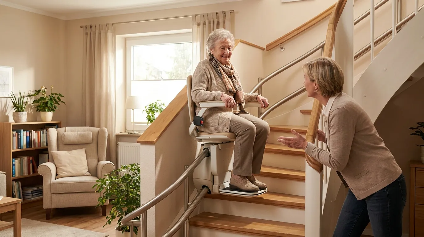 Treppenlift für Behinderte bei Arthrose in Essen Seniorin mit Arthrose nutzt einen modernen Treppenlift in einem hellen Treppenhaus