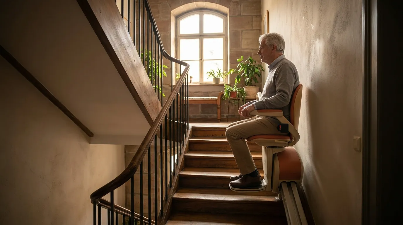 Treppenlift für Dachgeschosswohnungen in Nürnberg Treppenlift in einem Nürnberger Altbau-Treppenhaus
