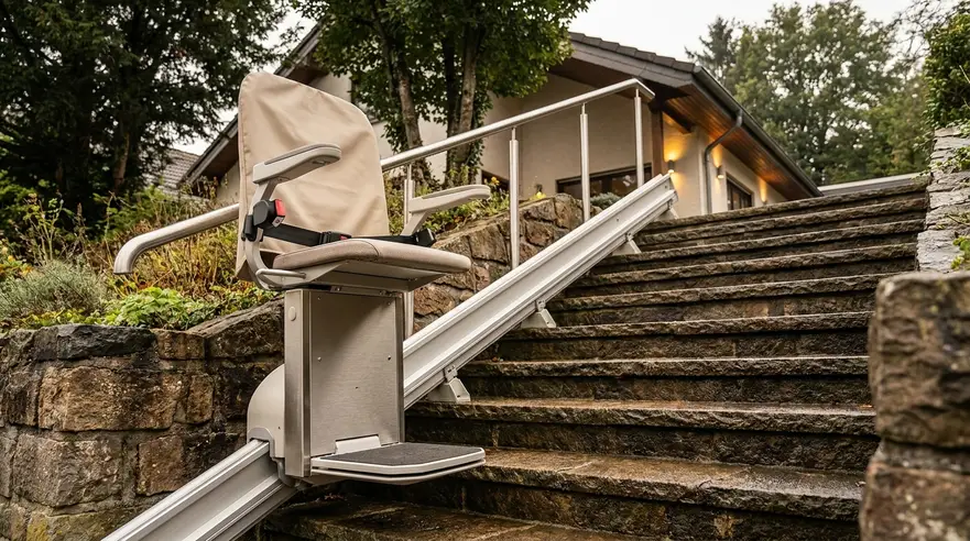 Treppenlift für Hanglage Hagen – Besonderheiten beim Einbau Außentreppenlift an steiler Hangtreppe eines Wohnhauses in Hagen