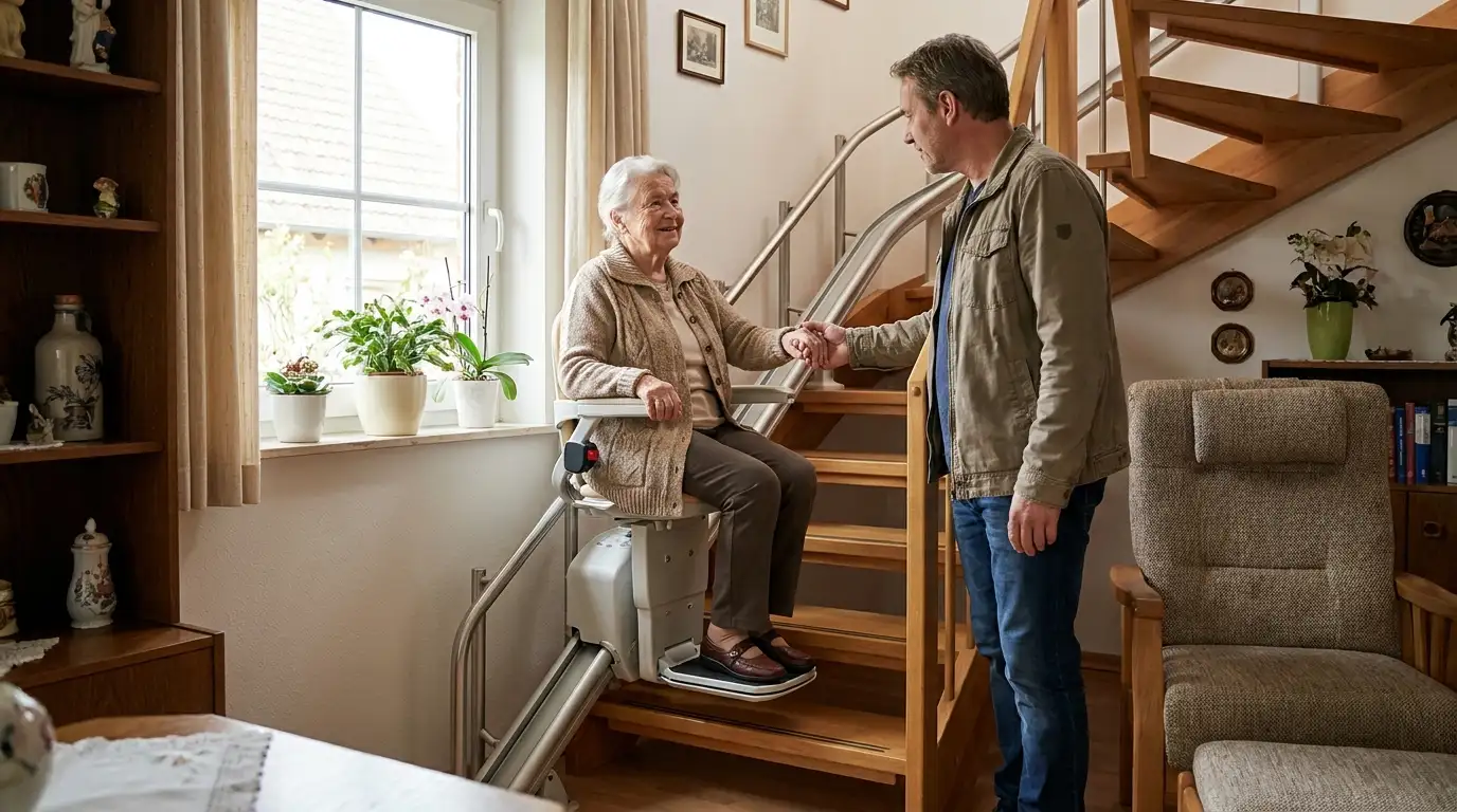 Treppenlift für Senioren nach Krankenhaus Essen Seniorin nutzt nach der Entlassung sicher einen Treppenlift im hellen Wohnhaus