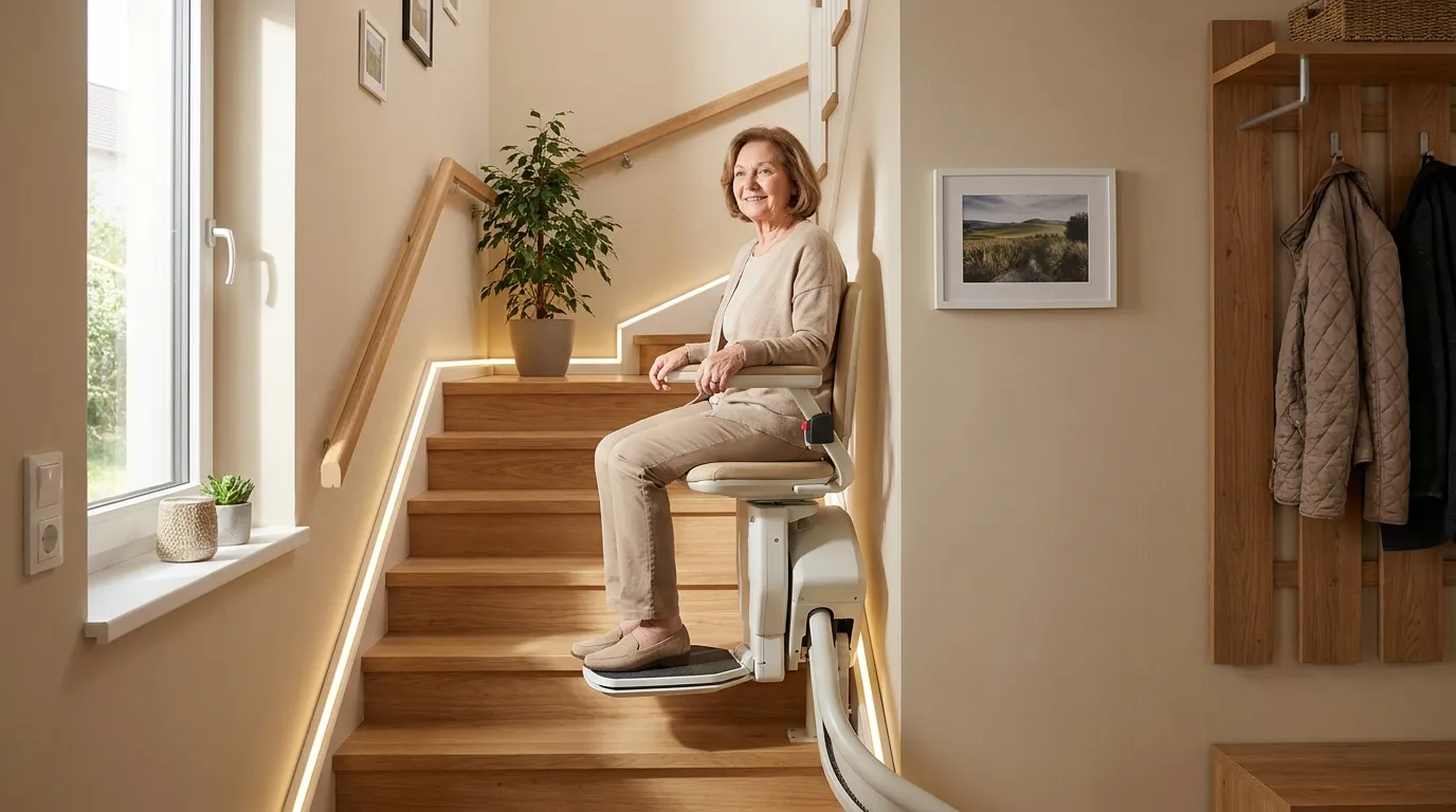 Treppenlift für Senioren – Reha in Wuppertal Seniorin nutzt nach der Reha sicher einen modernen Treppenlift in einem hellen Wohnhaus, natürliche Beleuchtung, realistische Materialien, warme wohnliche Atmosphäre, Wuppertaler Einfamilienienhaus mit Holztreppe und dezenten Metallflächen, kein Text