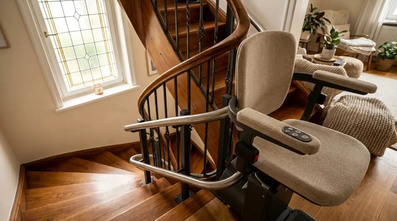 Treppenlift für Wendeltreppen in Wiesbaden Treppenlift an einer eleganten Wendeltreppe in einem Wohnhaus