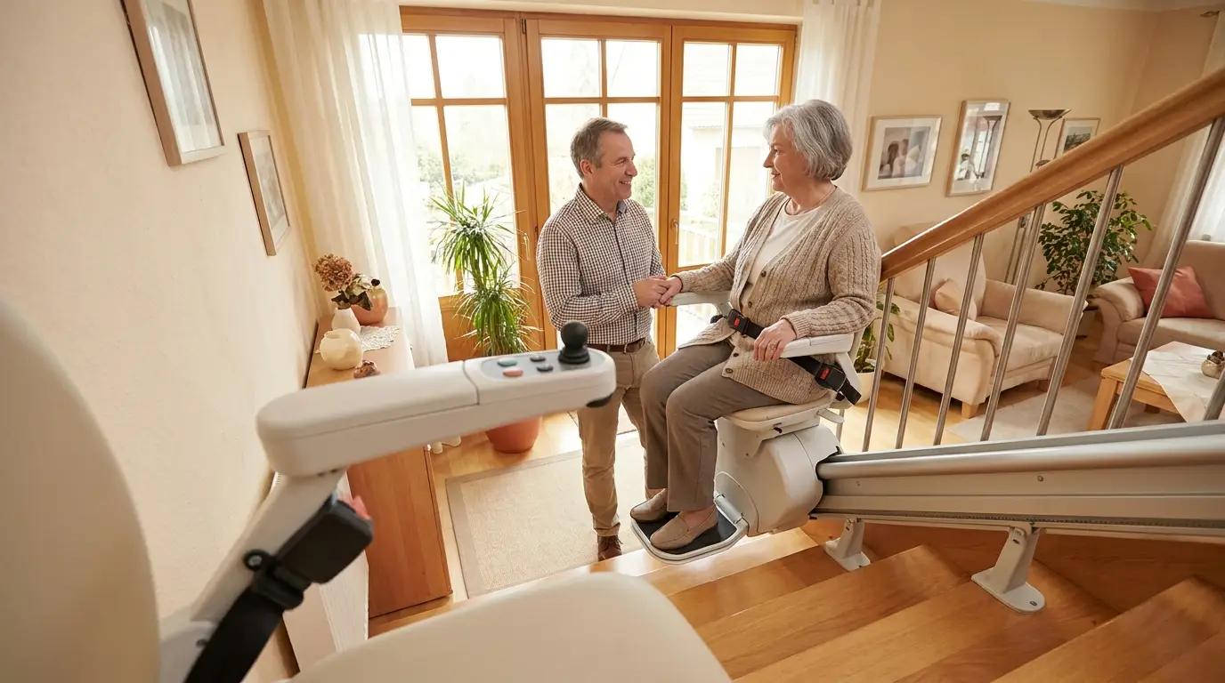 Treppenlift Förderung Sachsen-Anhalt Seniorin nutzt einen modernen Treppenlift in einem hellen Einfamilienhaus