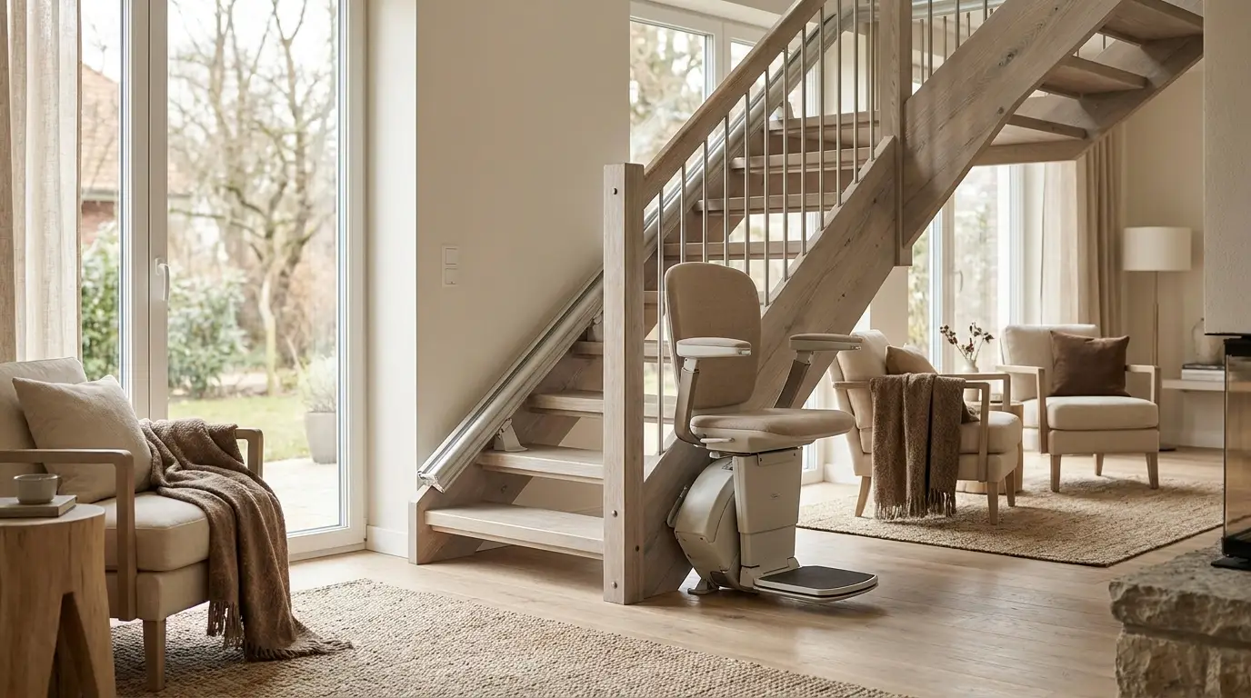 Barrierefreies Ferienhaus mit Treppenlift an einer hellen Holztreppe