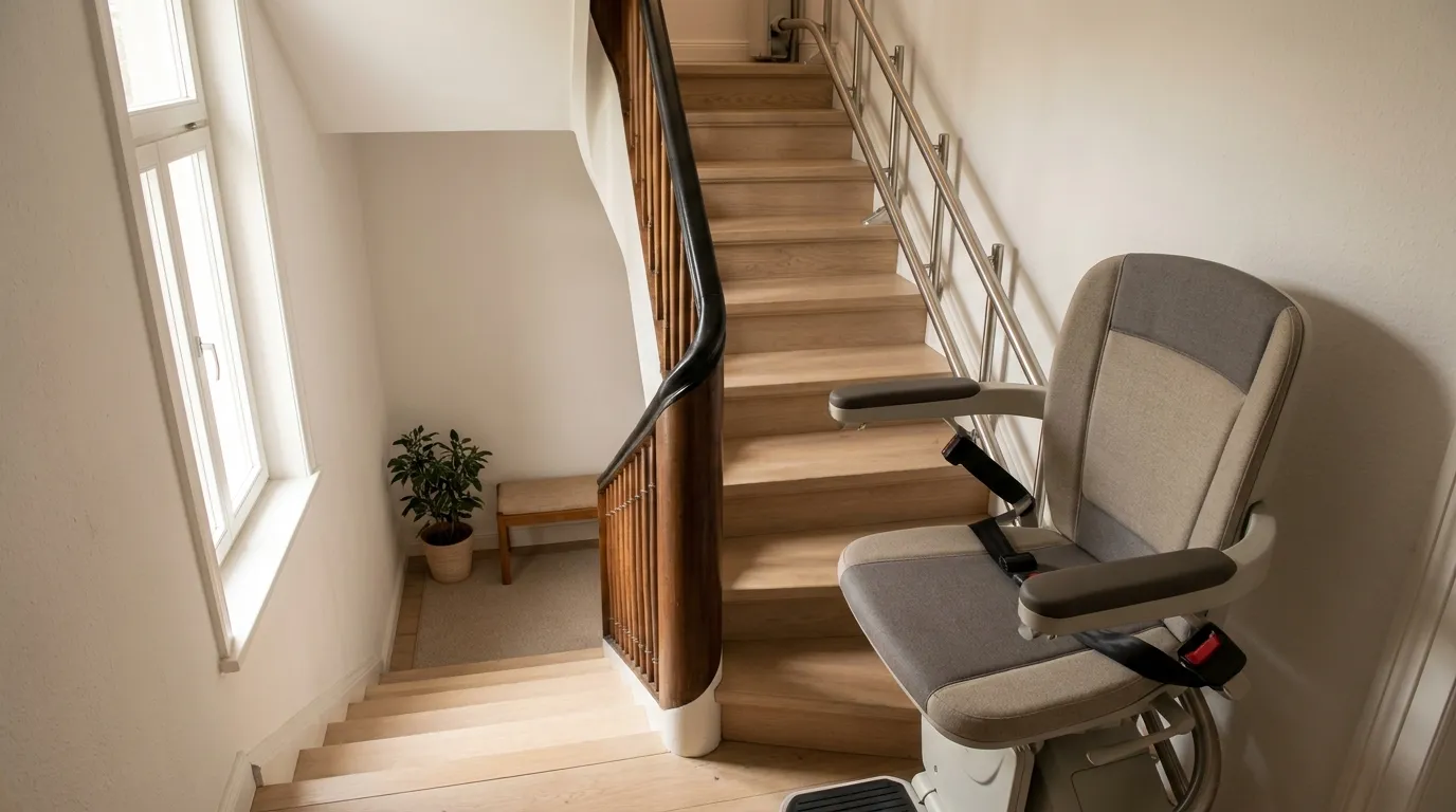 Treppenlift im Reihenhaus Essen – Platz optimal nutzen Schmaler Treppenaufgang in einem deutschen Reihenhaus mit dezentem Sitzlift an der Wandseite, helle Holzstufen, natürliches Tageslicht, kompakte Platznutzung, wohnliche Atmosphäre, realistische Materialien, no text