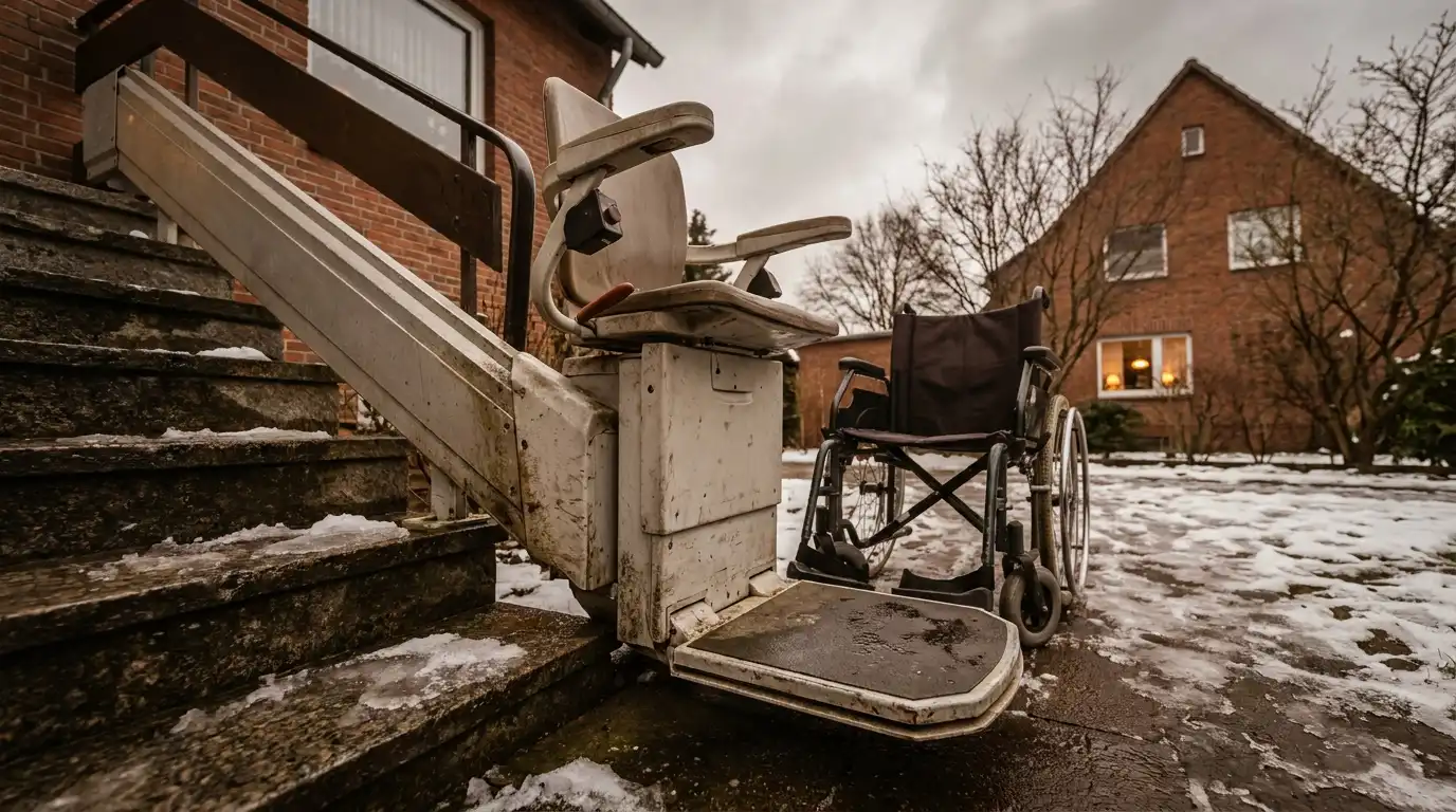 Treppenlift im Winter – Besonderheiten in Hannover Außen-Treppenlift im Winter an einem Einfamilienhaus in Hannover