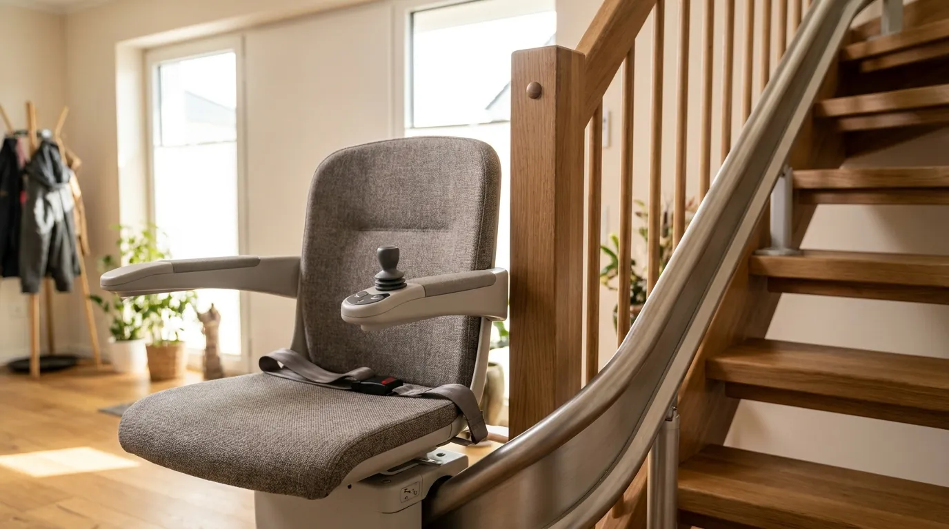 Treppenlift in Enger – Individuelle Lösungen für kurvige Treppen Sitz-Treppenlift an einer geschwungenen Holztreppe in einem gepflegten Einfamilienhaus