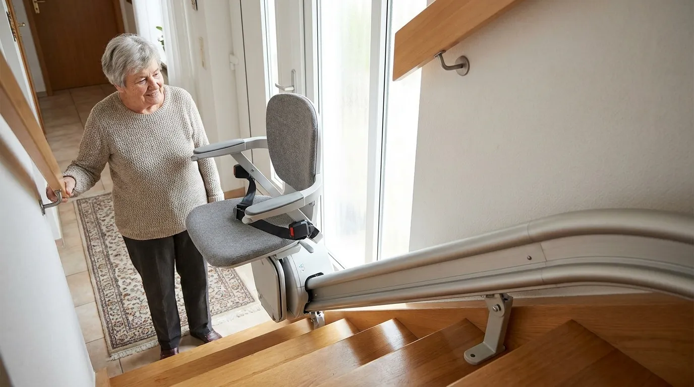 Treppenlift in Enger – Welche Liftart passt zu Ihrer Treppe? Sitzlift an einer Innentreppe in einem gepflegten Einfamilienhaus