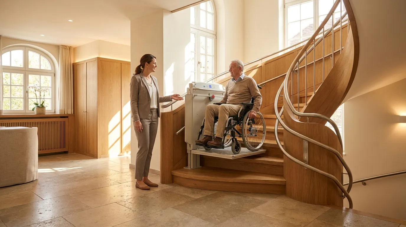 Treppenlift-Lösungen für hochwertige Immobilien in München Eleganter Treppenlift in einer hochwertigen Münchner Altbauvilla