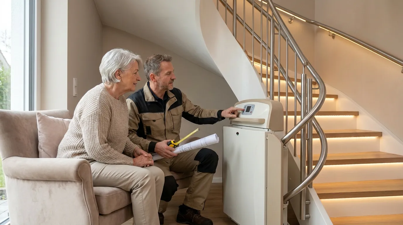 Treppenlift Lieferzeit – Wie lange dauert es bis zum Einbau? Seniorin und Monteur bei der Planung eines Treppenlifts an einer Innentreppe