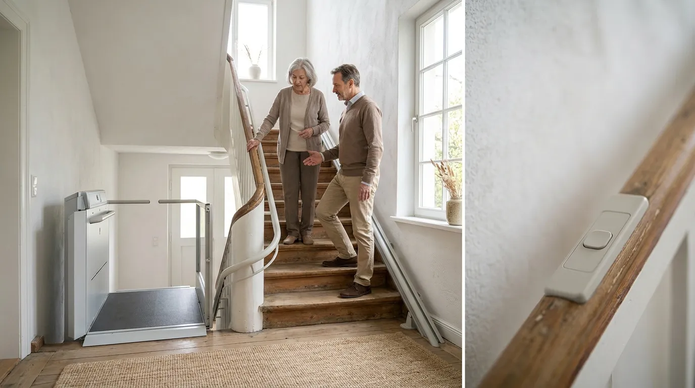 Treppenlift mieten oder kaufen: Zweitwohnsitz MV Seniorin und Sohn besprechen einen Treppenlift im hellen Treppenhaus eines Hauses an der Ostsee, natürliche Materialien, freundliche Wohnatmosphäre, Tageslicht, realistische Texturen, no text