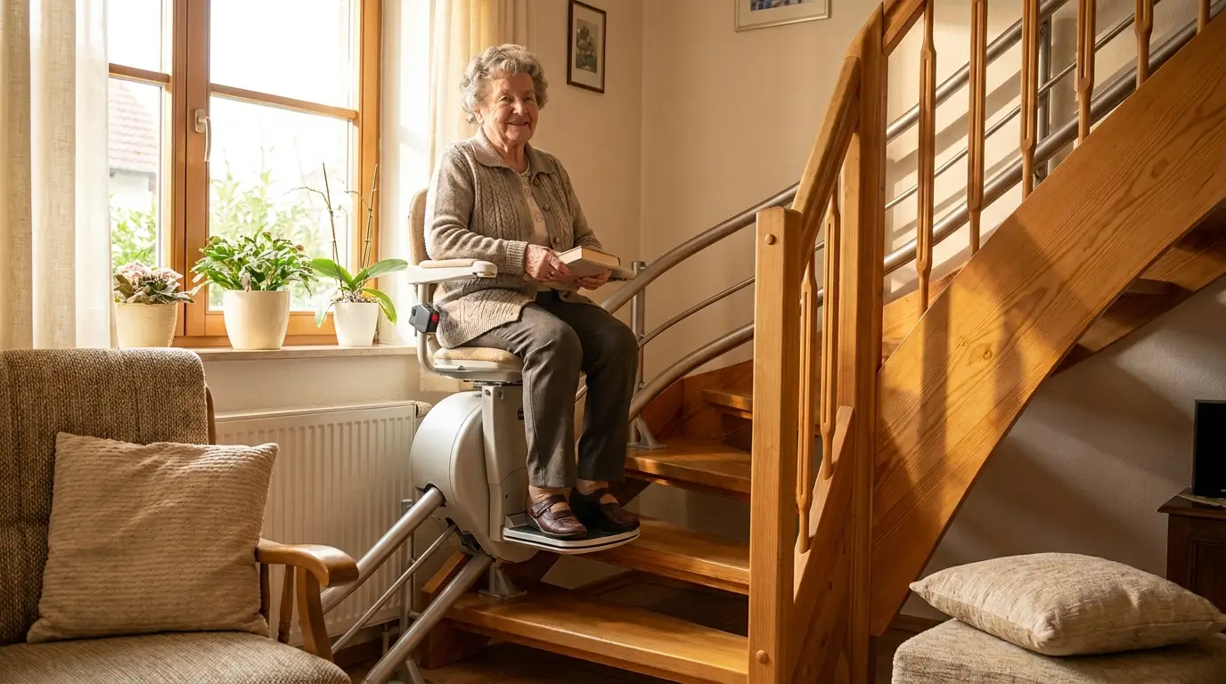 Treppenlift mieten: Vor- und Nachteile im Überblick Seniorin nutzt einen modernen Treppenlift im hellen Wohnhaus