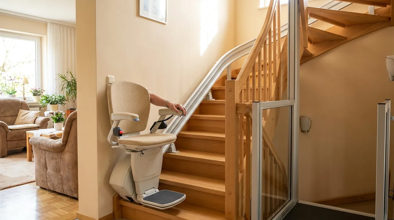 Treppenlift mit Fernbedienung Essen – Funktionen im Überblick Treppenlift mit Fernbedienung an einer Innenraumtreppe