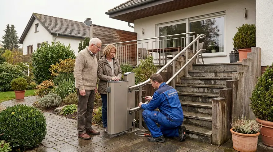 Treppenlift mit Schiene außen Bochum – Wann sinnvoll? Außen-Treppenlift an einem Einfamilienhaus in Bochum