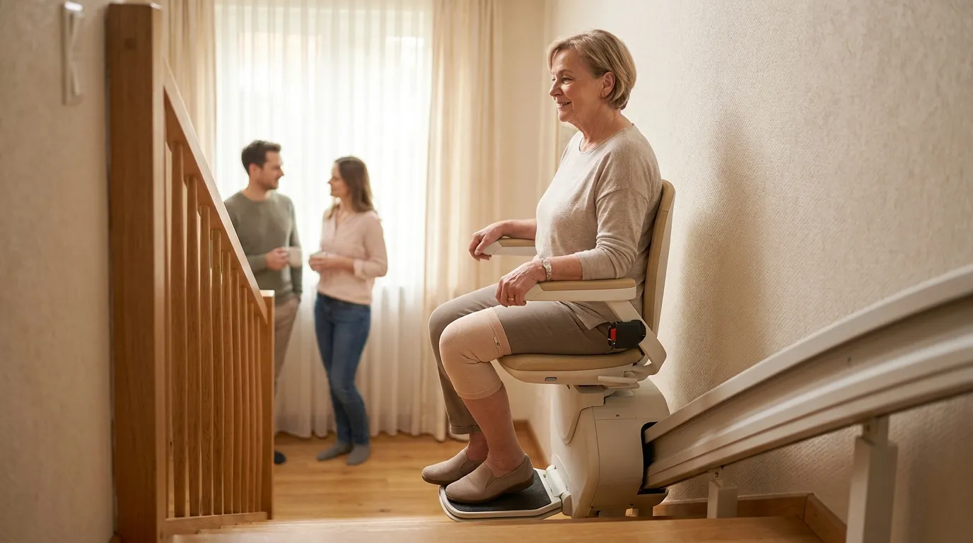 Treppenlift nach Knie-OP Duisburg – Wann lohnt sich der Einbau? Seniorin nach Knie-Operation nutzt einen modernen Treppenlift in einem hellen Zuhause in Duisburg