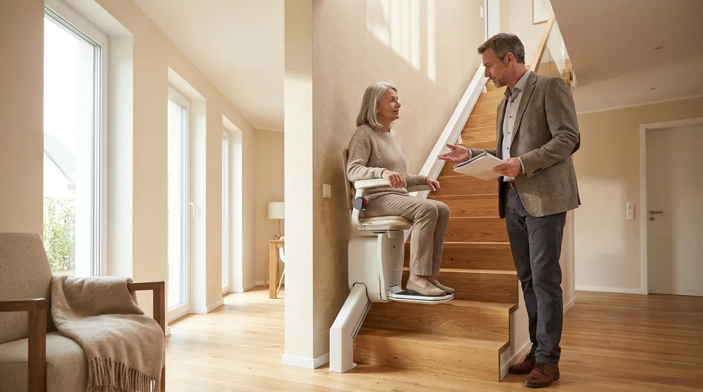 Treppenlift Pflegekasse Sachsen-Anhalt Seniorin und Angehöriger besprechen einen Treppenlift im Einfamilienhaus