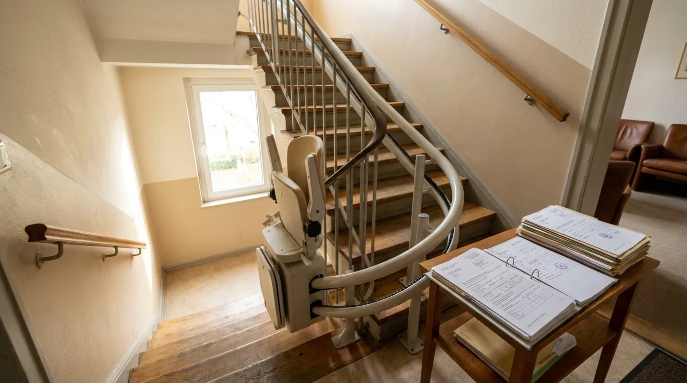 Treppenlift Planung: Montagefehler in Karlsruhe vermeiden Treppenlift in einem Karlsruher Altbau-Treppenhaus