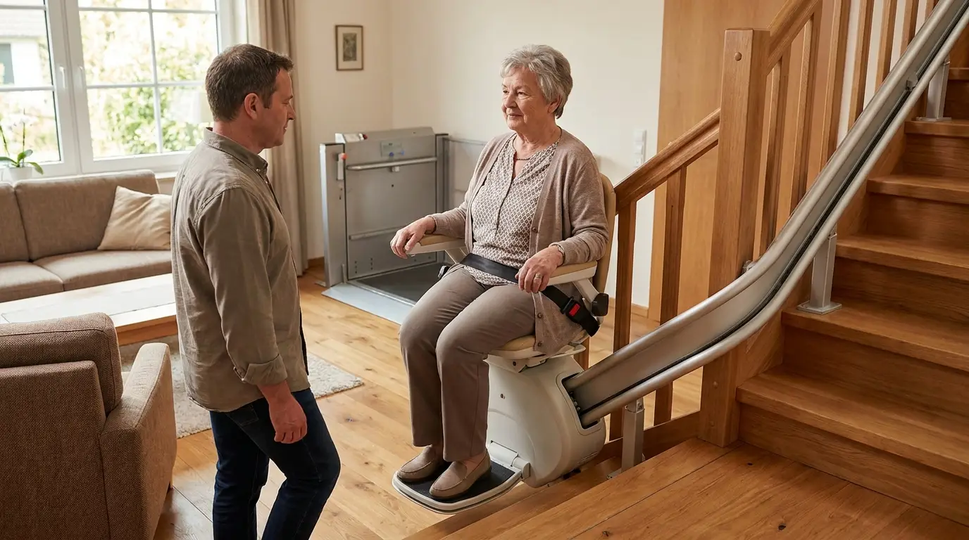 Treppenlift Probefahrt – Darauf sollten Sie achten Seniorin testet einen Treppenlift im Wohnhaus