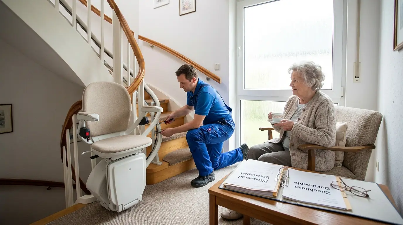 Treppenlift Service: Wartung, Reparatur und Kosten erklärt Techniker prüft einen Treppenlift im Einfamilienhaus