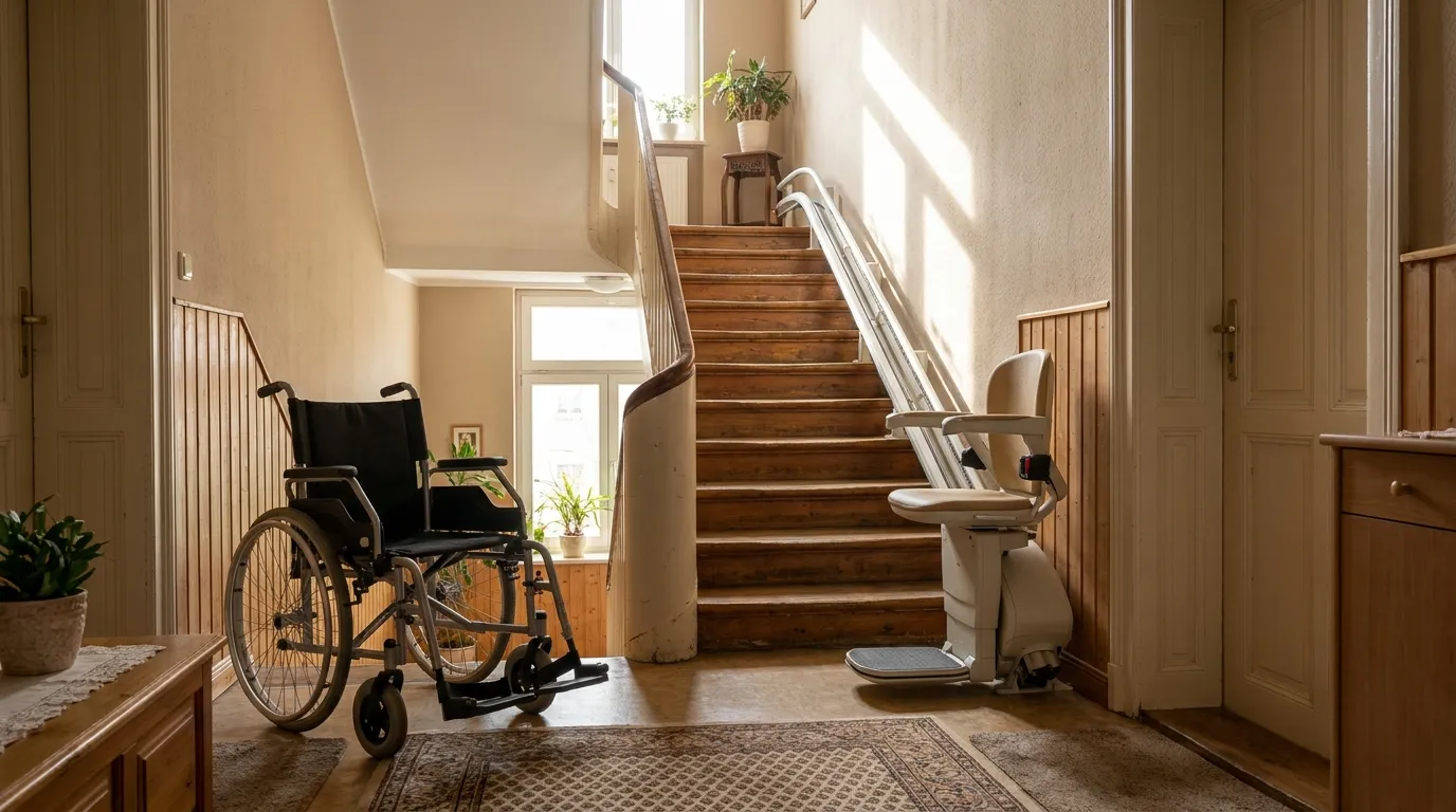 Treppenlift trotz kleiner Podeste in Dresden Sitzlift in einem engen Dresdner Altbau-Treppenhaus mit kleinem Zwischenpodest