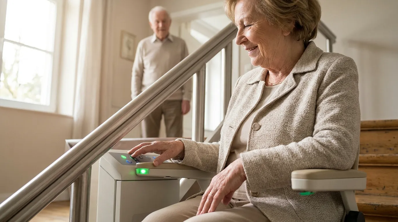 Treppenlift Wartung Kosten – Betrieb pro Jahr Seniorin nutzt einen modernen Treppenlift in einem hellen Einfamilienhaus