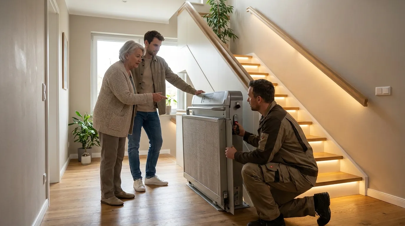 Was passiert bei einem Treppenlift-Defekt in Hannover? Seniorin mit pflegendem Angehörigen vor einem stillstehenden Treppenlift in einem hellen Wohnhaus, Techniker erklärt ruhig die nächsten Schritte, natürliche Beleuchtung, realistische Texturen, wohnliche Atmosphäre, kein Text